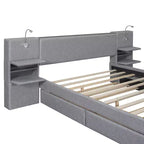Lit plateforme rembourré Queen Size avec liseuses et étagères, cadre de lit Queen en lin avec tiroirs de rangement et étagères