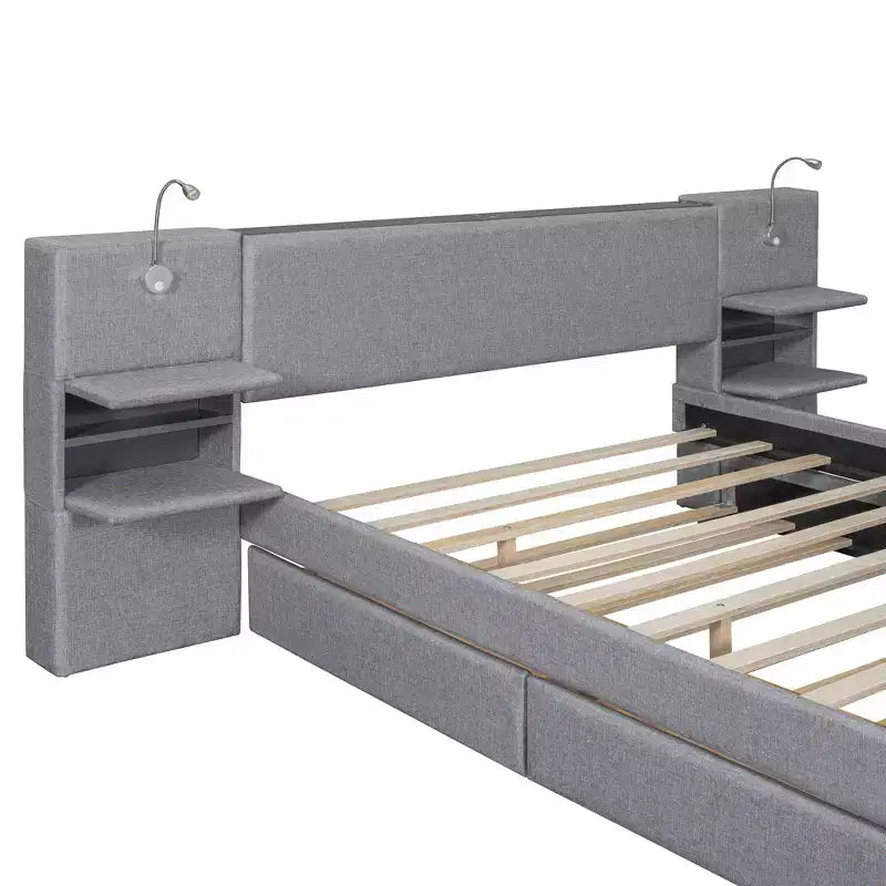 Lit plateforme rembourré Queen Size avec liseuses et étagères, cadre de lit Queen en lin avec tiroirs de rangement et étagères