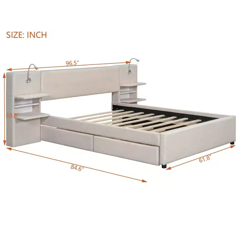 Lit plateforme rembourré Queen Size avec liseuses et étagères, cadre de lit Queen en lin avec tiroirs de rangement et étagères