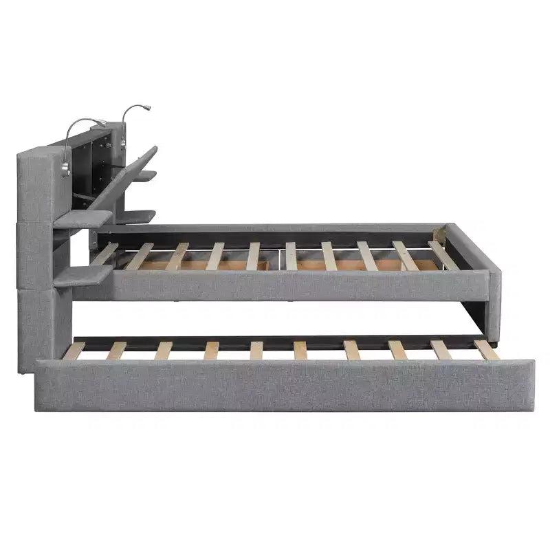Lit plateforme rembourré Queen Size avec liseuses et étagères, cadre de lit Queen en lin avec tiroirs de rangement et étagères