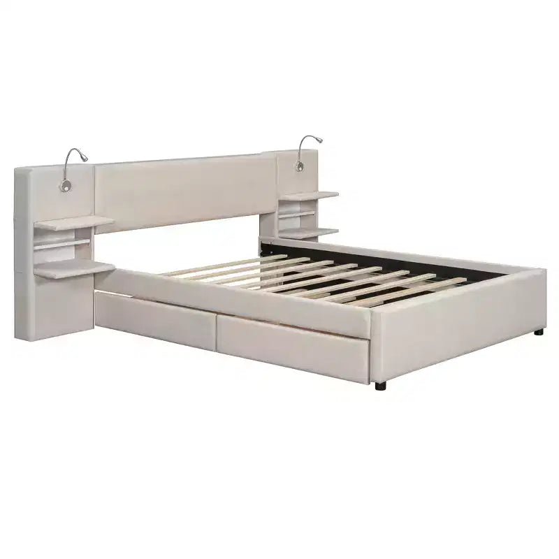 Lit plateforme rembourré Queen Size avec liseuses et étagères, cadre de lit Queen en lin avec tiroirs de rangement et étagères