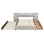 Lit plateforme rembourré Queen Size avec liseuses et étagères, cadre de lit Queen en lin avec tiroirs de rangement et étagères