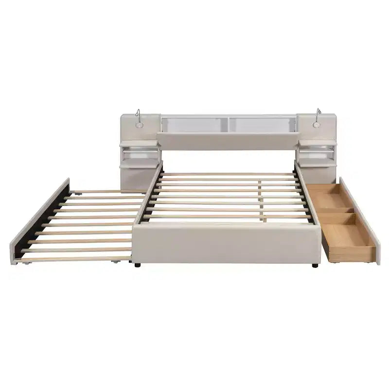 Lit plateforme rembourré Queen Size avec liseuses et étagères, cadre de lit Queen en lin avec tiroirs de rangement et étagères