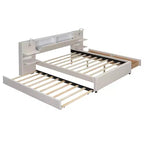 Lit plateforme rembourré Queen Size avec liseuses et étagères, cadre de lit Queen en lin avec tiroirs de rangement et étagères