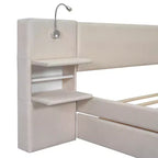 Lit plateforme rembourré Queen Size avec liseuses et étagères, cadre de lit Queen en lin avec tiroirs de rangement et étagères