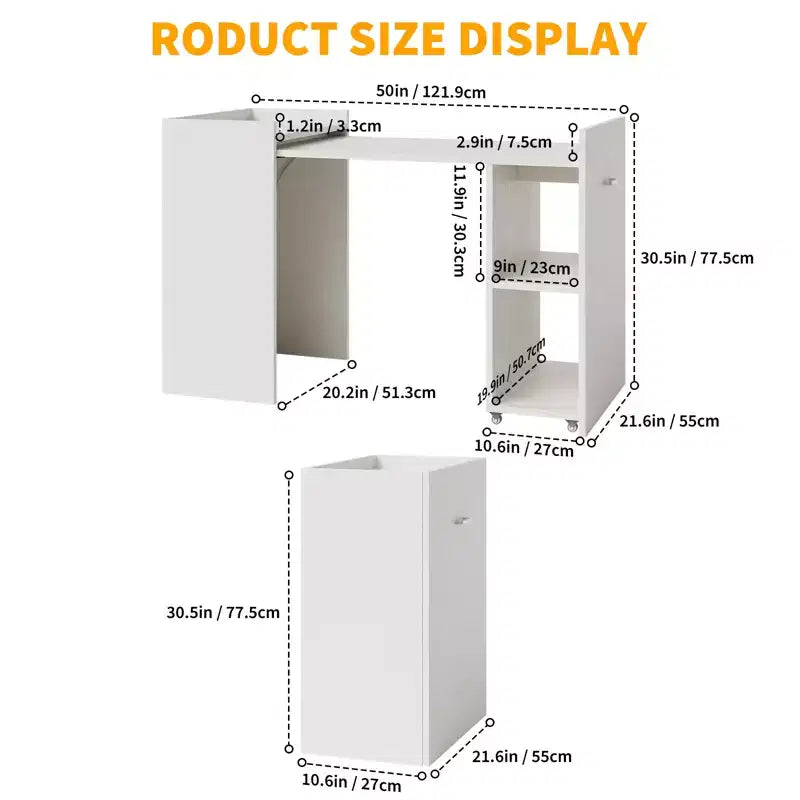 Bureau d'ordinateur pliable 50 po avec étagère, table d'appoint pour bureau à domicile avec roulettes, bureau d'étude avec étagères de rangement sans fond pour le travail et les études