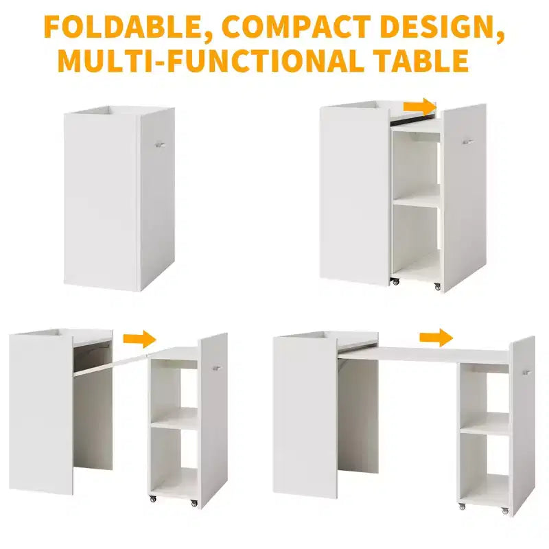 Bureau d'ordinateur pliable 50 po avec étagère, table d'appoint pour bureau à domicile avec roulettes, bureau d'étude avec étagères de rangement sans fond pour le travail et les études