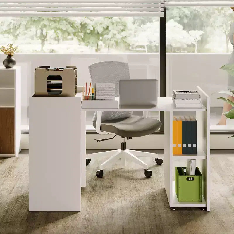 Bureau d'ordinateur pliable 50 po avec étagère, table d'appoint pour bureau à domicile avec roulettes, bureau d'étude avec étagères de rangement sans fond pour le travail et les études
