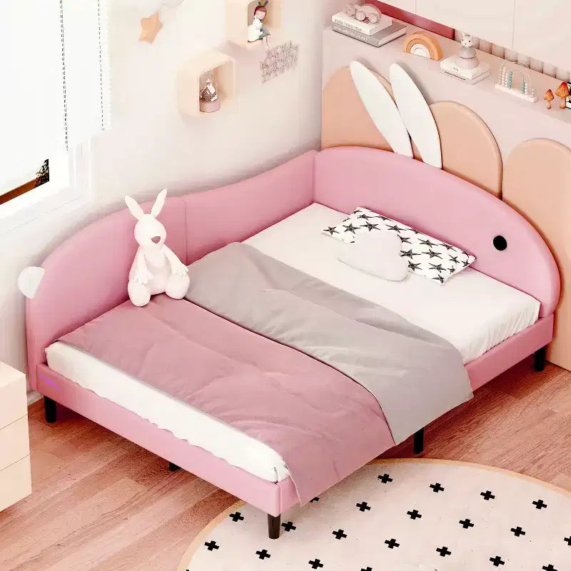 Lit de repos capitonné pleine taille pour enfants, joli canapé-lit en forme de lapin avec tête de lit pour filles, rose