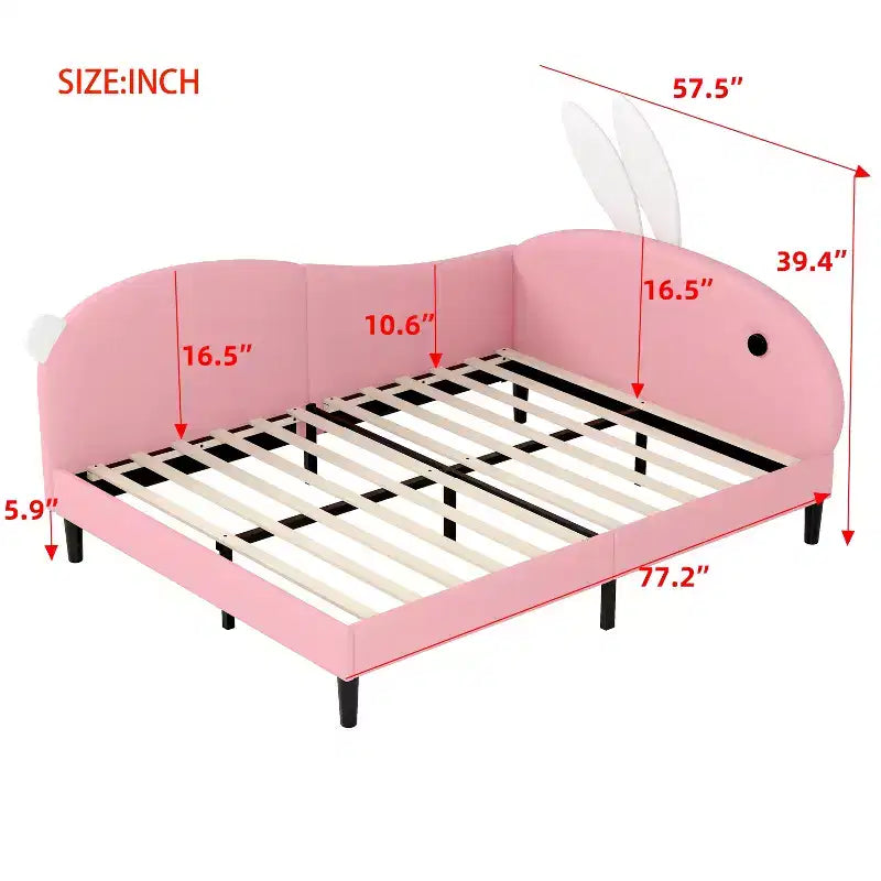 Lit de repos capitonné pleine taille pour enfants, joli canapé-lit en forme de lapin avec tête de lit pour filles, rose