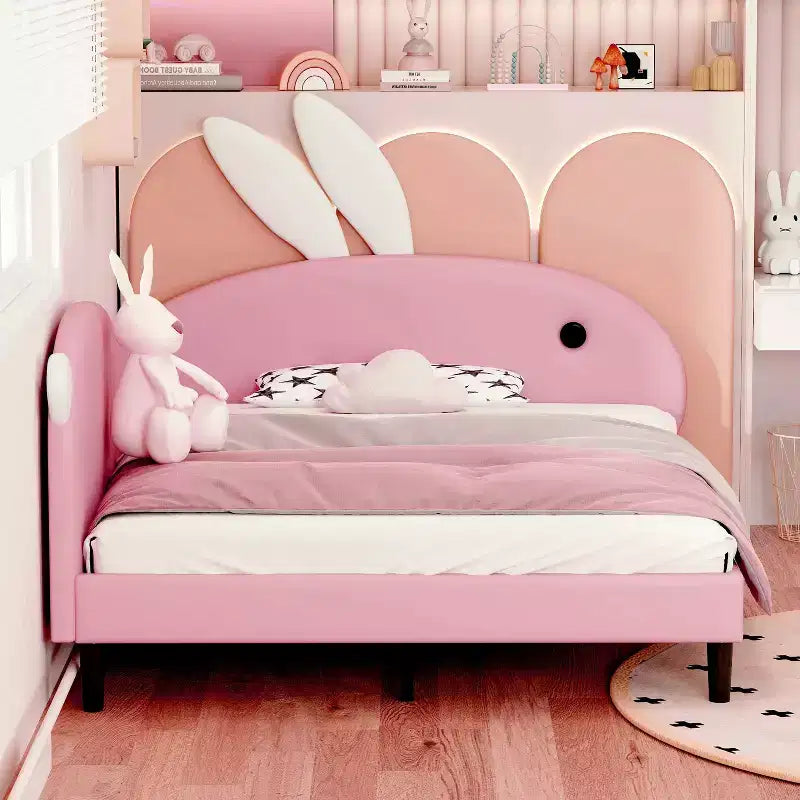 Lit de repos capitonné pleine taille pour enfants, joli canapé-lit en forme de lapin avec tête de lit pour filles, rose