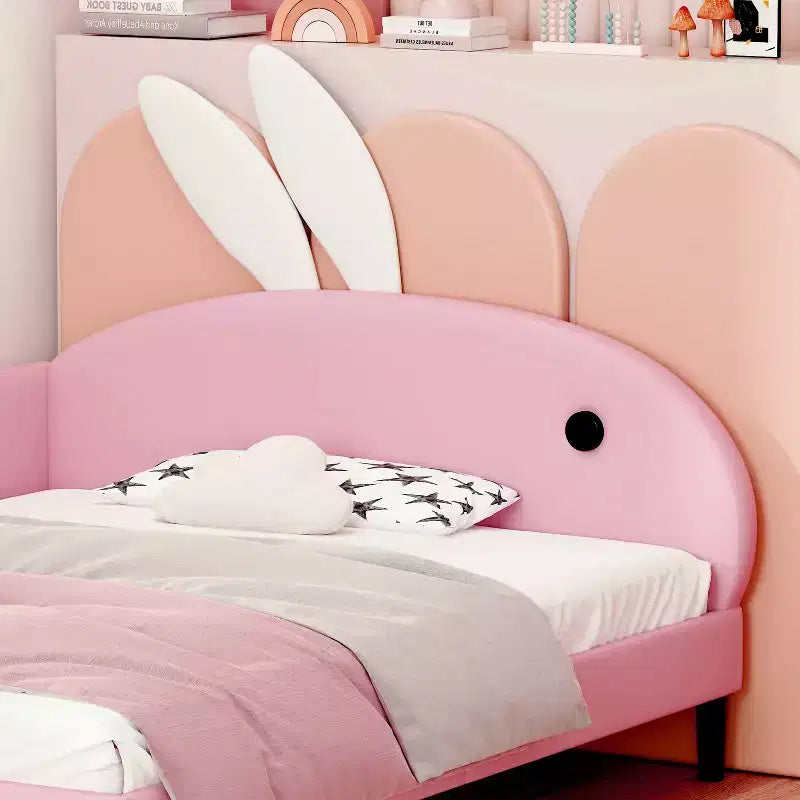 Lit de repos capitonné pleine taille pour enfants, joli canapé-lit en forme de lapin avec tête de lit pour filles, rose