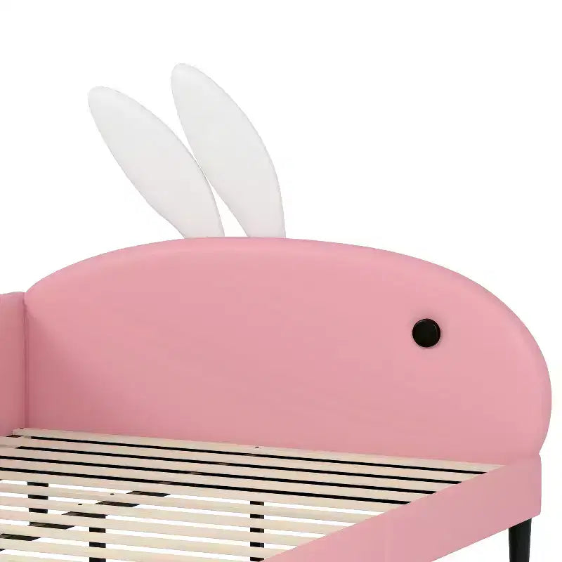 Lit de repos capitonné pleine taille pour enfants, joli canapé-lit en forme de lapin avec tête de lit pour filles, rose