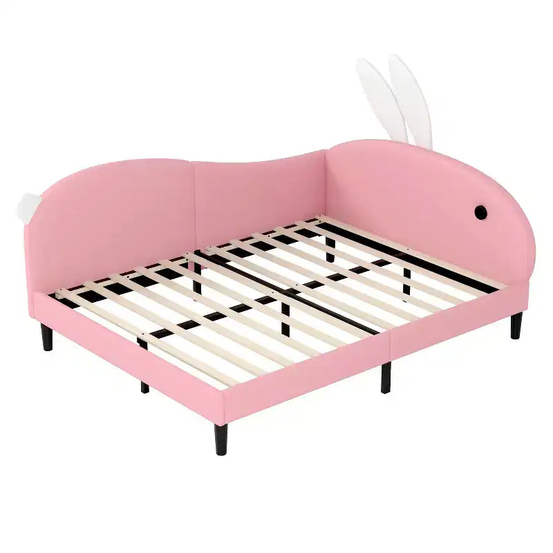 Lit de repos capitonné pleine taille pour enfants, joli canapé-lit en forme de lapin avec tête de lit pour filles, rose