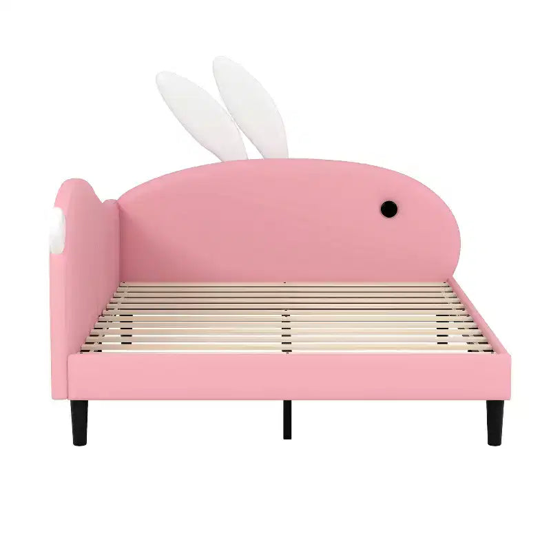 Lit de repos capitonné pleine taille pour enfants, joli canapé-lit en forme de lapin avec tête de lit pour filles, rose
