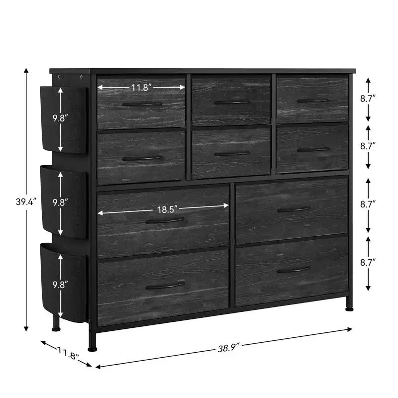 Commode en tissu à 10 tiroirs et console multimédia - Tour de rangement avec cadre en acier, plateau en bois pour chambre, salon, entrée
