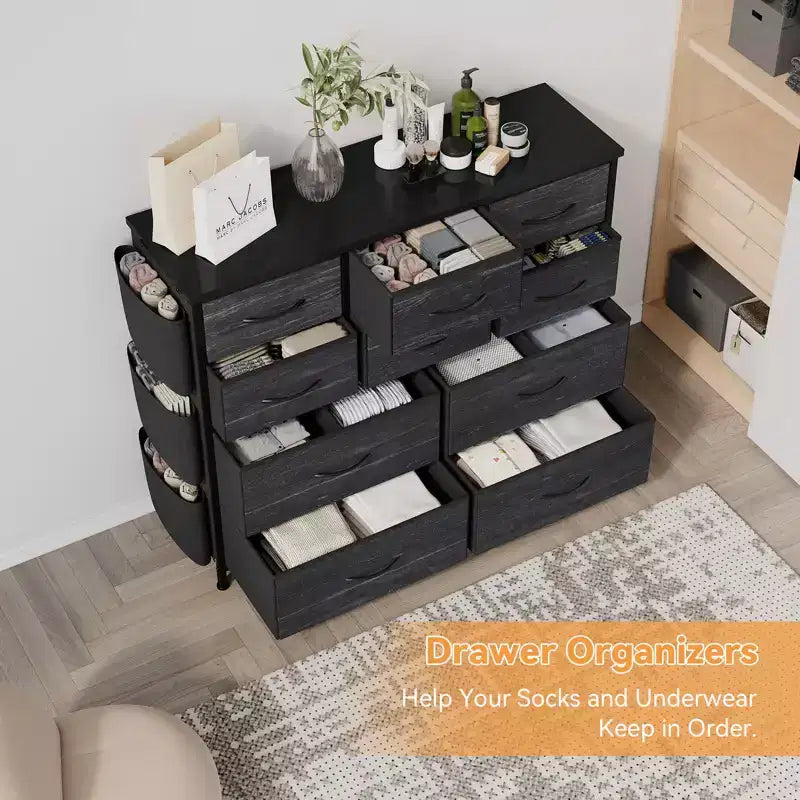 Commode en tissu à 10 tiroirs et console multimédia - Tour de rangement avec cadre en acier, plateau en bois pour chambre, salon, entrée