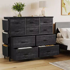 Commode en tissu à 10 tiroirs et console multimédia - Tour de rangement avec cadre en acier, plateau en bois pour chambre, salon, entrée