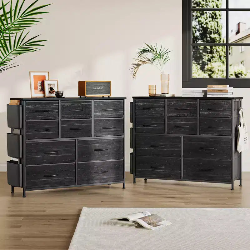 Commode en tissu à 10 tiroirs et console multimédia - Tour de rangement avec cadre en acier, plateau en bois pour chambre, salon, entrée