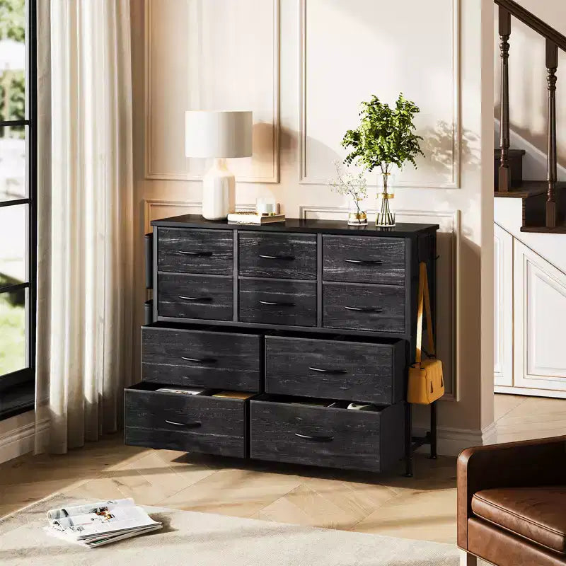 Commode en tissu à 10 tiroirs et console multimédia - Tour de rangement avec cadre en acier, plateau en bois pour chambre, salon, entrée