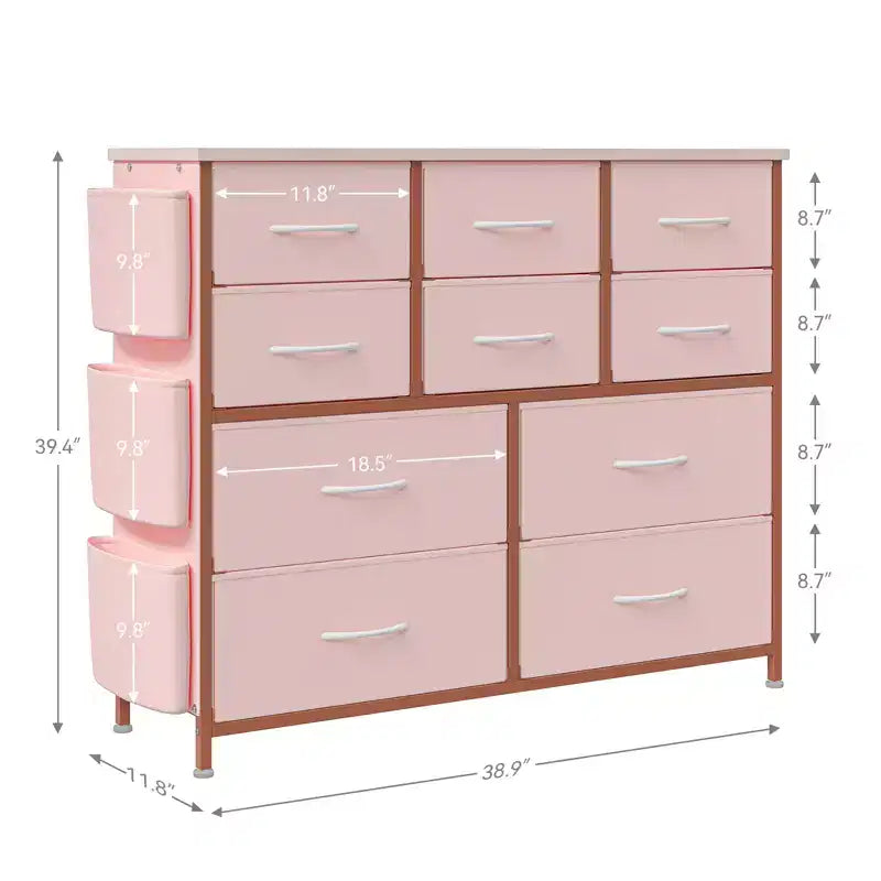 Commode en tissu à 10 tiroirs et console multimédia - Tour de rangement avec cadre en acier, plateau en bois pour chambre, salon, entrée