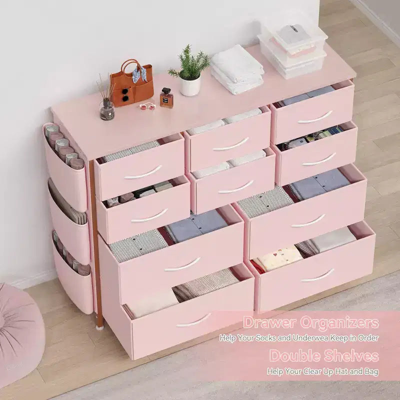 Commode en tissu à 10 tiroirs et console multimédia - Tour de rangement avec cadre en acier, plateau en bois pour chambre, salon, entrée