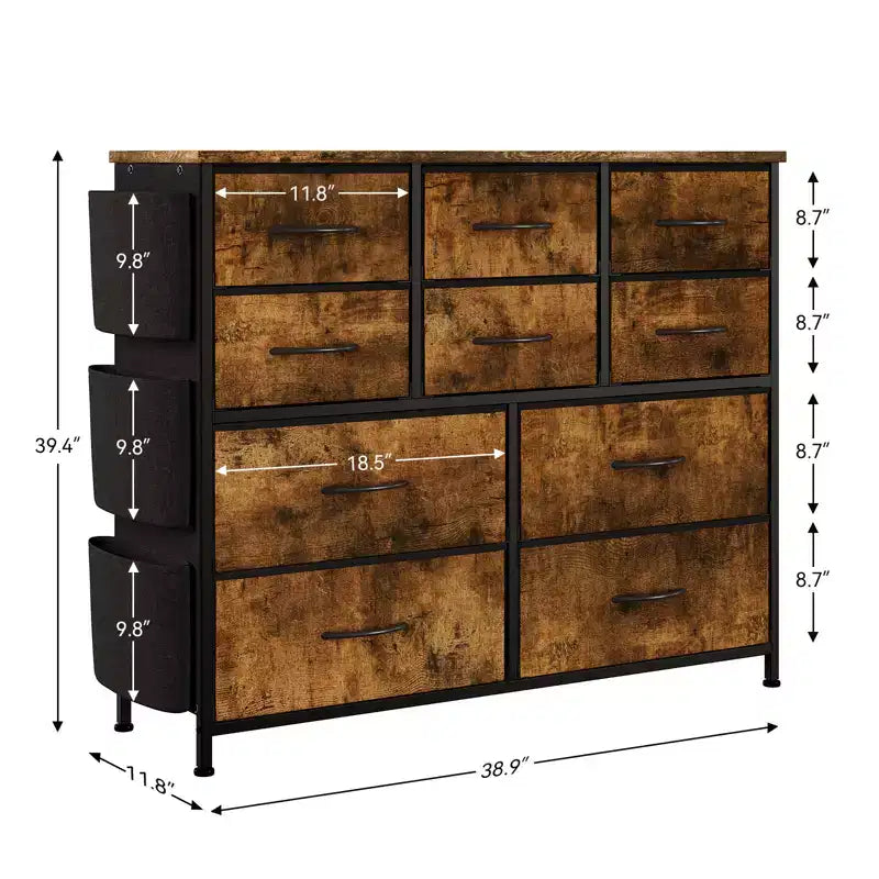 Commode en tissu à 10 tiroirs et console multimédia - Tour de rangement avec cadre en acier, plateau en bois pour chambre, salon, entrée