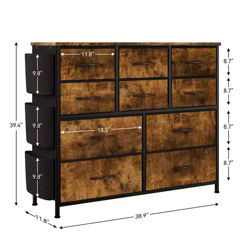 Commode en tissu à 10 tiroirs et console multimédia - Tour de rangement avec cadre en acier, plateau en bois pour chambre, salon, entrée