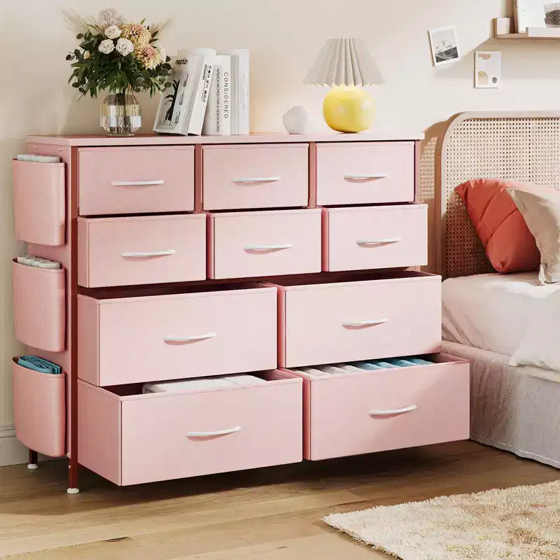 Commode en tissu à 10 tiroirs et console multimédia - Tour de rangement avec cadre en acier, plateau en bois pour chambre, salon, entrée