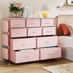Commode en tissu à 10 tiroirs et console multimédia - Tour de rangement avec cadre en acier, plateau en bois pour chambre, salon, entrée