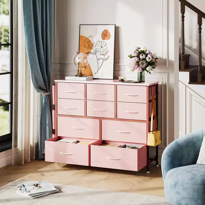 Commode en tissu à 10 tiroirs et console multimédia - Tour de rangement avec cadre en acier, plateau en bois pour chambre, salon, entrée