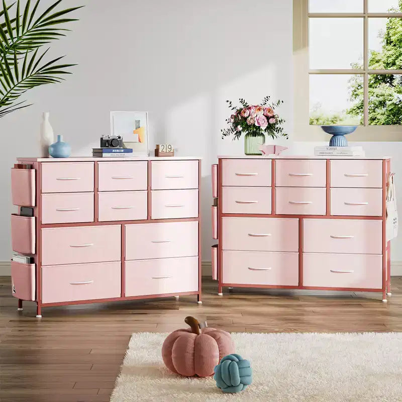 Commode en tissu à 10 tiroirs et console multimédia - Tour de rangement avec cadre en acier, plateau en bois pour chambre, salon, entrée