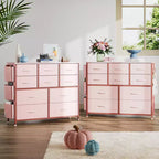 Commode en tissu à 10 tiroirs et console multimédia - Tour de rangement avec cadre en acier, plateau en bois pour chambre, salon, entrée