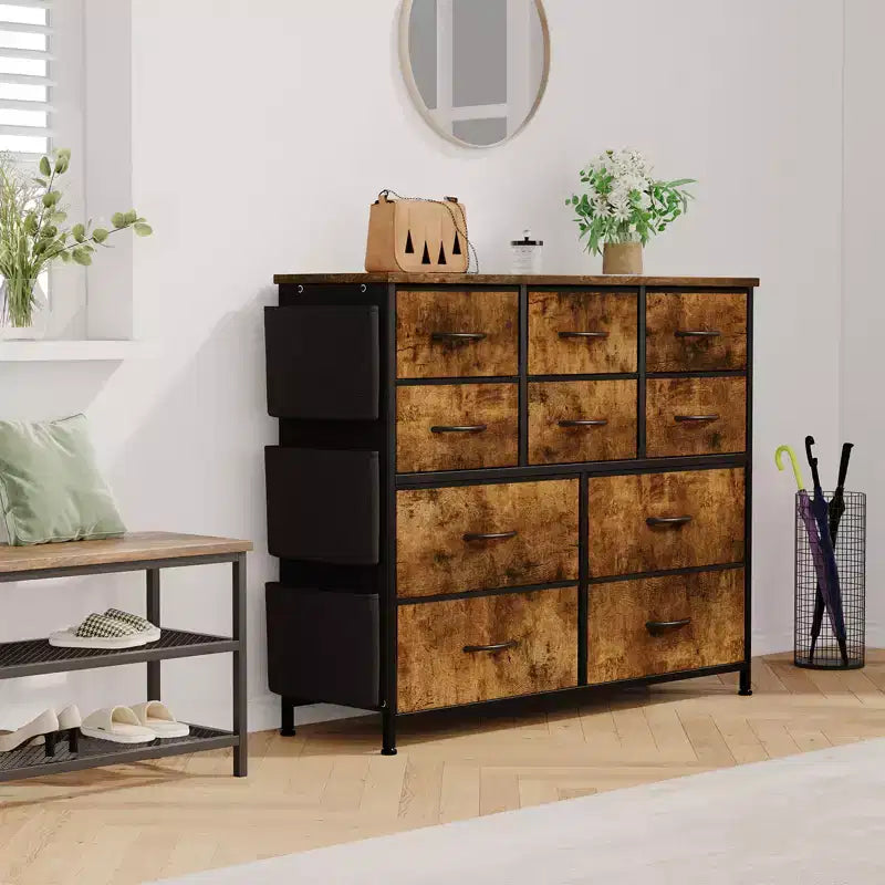 Commode en tissu à 10 tiroirs et console multimédia - Tour de rangement avec cadre en acier, plateau en bois pour chambre, salon, entrée