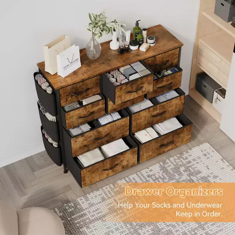 Commode en tissu à 10 tiroirs et console multimédia - Tour de rangement avec cadre en acier, plateau en bois pour chambre, salon, entrée