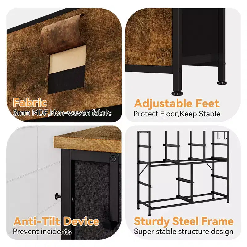 Commode en tissu à 10 tiroirs et console multimédia - Tour de rangement avec cadre en acier, plateau en bois pour chambre, salon, entrée