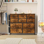 Commode en tissu à 10 tiroirs et console multimédia - Tour de rangement avec cadre en acier, plateau en bois pour chambre, salon, entrée
