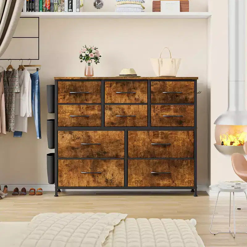 Commode en tissu à 10 tiroirs et console multimédia - Tour de rangement avec cadre en acier, plateau en bois pour chambre, salon, entrée