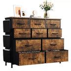 Commode en tissu à 10 tiroirs et console multimédia - Tour de rangement avec cadre en acier, plateau en bois pour chambre, salon, entrée