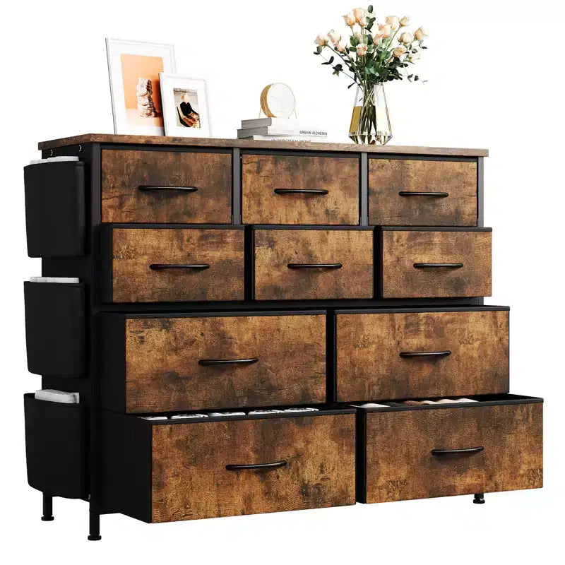 Commode en tissu à 10 tiroirs et console multimédia - Tour de rangement avec cadre en acier, plateau en bois pour chambre, salon, entrée