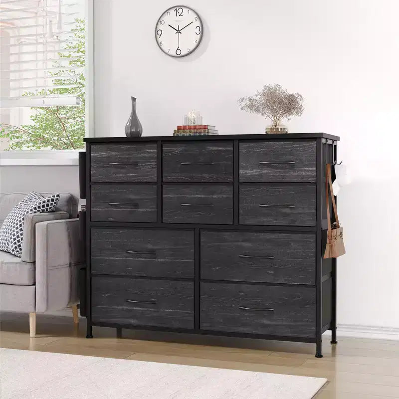 Commode en tissu à 10 tiroirs et console multimédia - Tour de rangement avec cadre en acier, plateau en bois pour chambre, salon, entrée