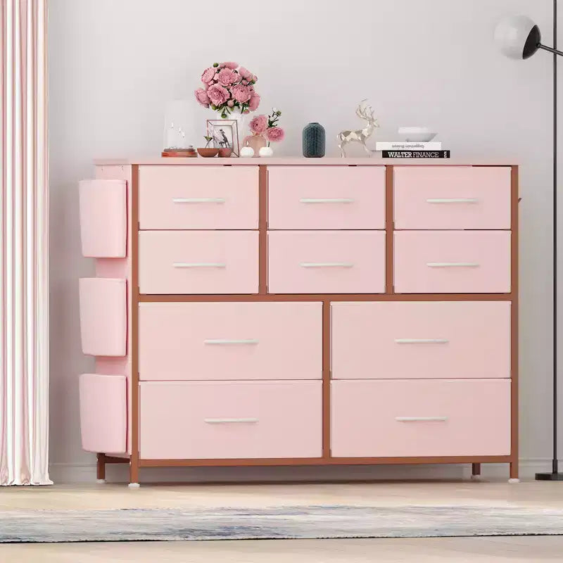 Commode en tissu à 10 tiroirs et console multimédia - Tour de rangement avec cadre en acier, plateau en bois pour chambre, salon, entrée