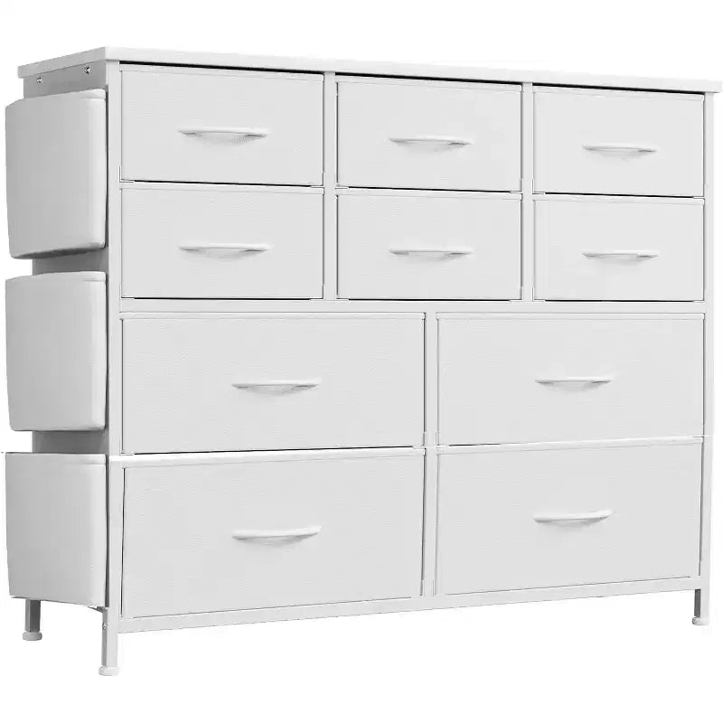 Commode en tissu à 10 tiroirs et console multimédia - Tour de rangement avec cadre en acier, plateau en bois pour chambre, salon, entrée
