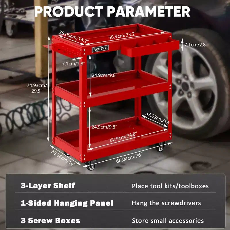 Chariot à outils roulant 3 niveaux LDHTHOPI entièrement métallique, chariot utilitaire industriel commercial avec tiroir, rouge