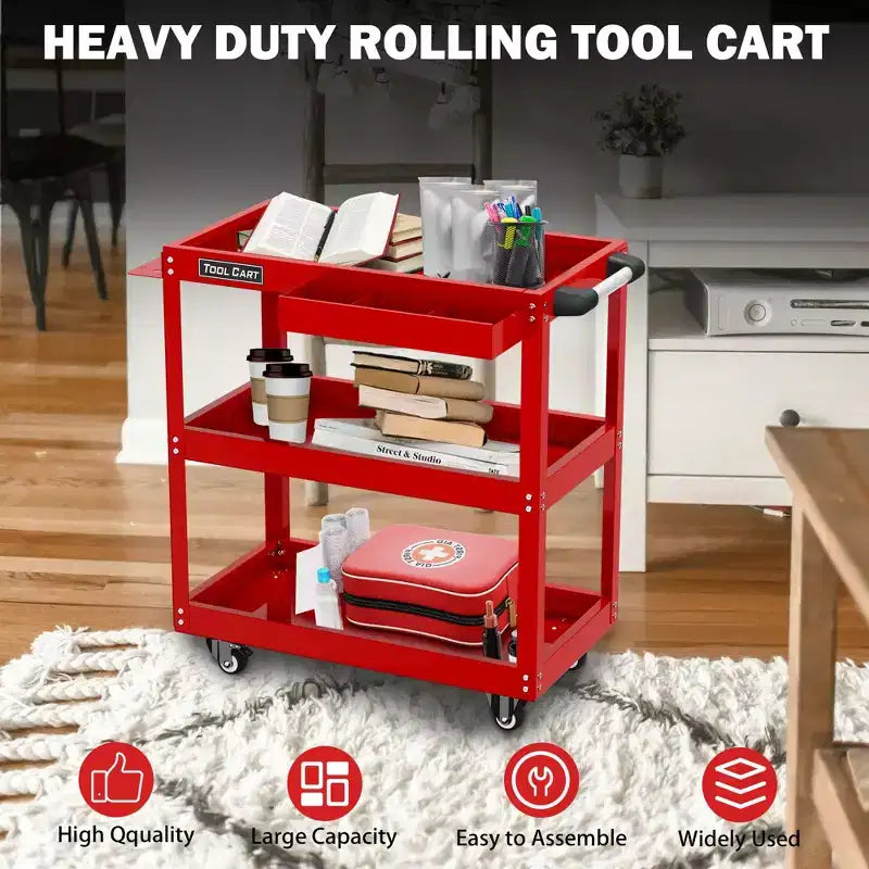 Chariot à outils roulant 3 niveaux LDHTHOPI entièrement métallique, chariot utilitaire industriel commercial avec tiroir, rouge