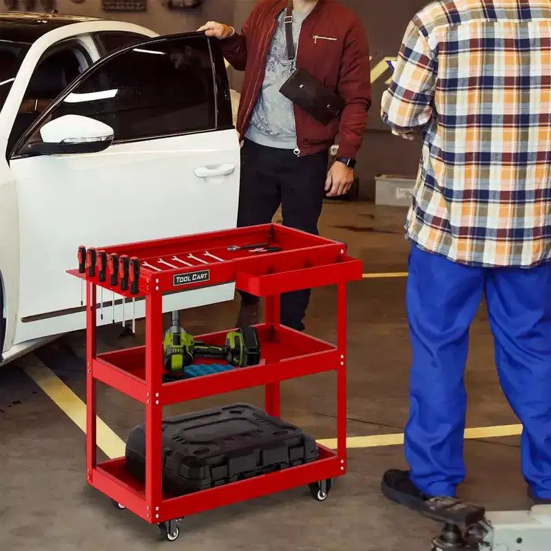 Chariot à outils roulant 3 niveaux LDHTHOPI entièrement métallique, chariot utilitaire industriel commercial avec tiroir, rouge