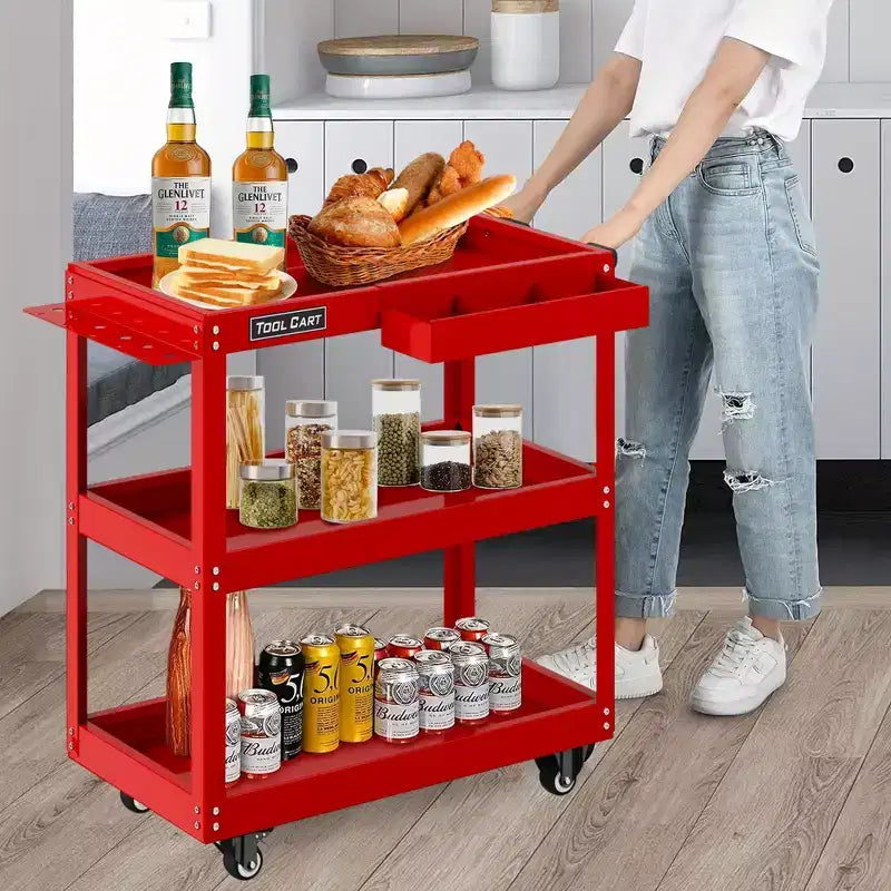 Chariot à outils roulant 3 niveaux LDHTHOPI entièrement métallique, chariot utilitaire industriel commercial avec tiroir, rouge