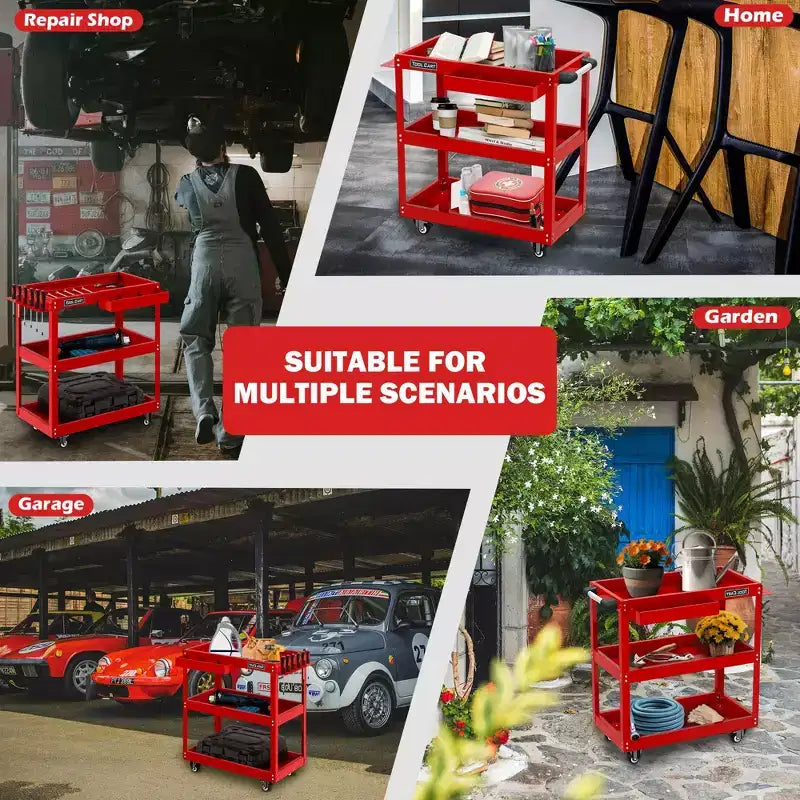 Chariot à outils roulant 3 niveaux LDHTHOPI entièrement métallique, chariot utilitaire industriel commercial avec tiroir, rouge
