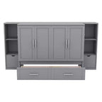 Lit escamotable Queen/Full avec armoire de rangement, Cadre de lit plateforme en bois avec étagères et tiroirs