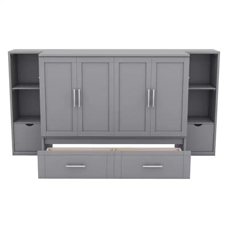 Lit escamotable Queen/Full avec armoire de rangement, Cadre de lit plateforme en bois avec étagères et tiroirs